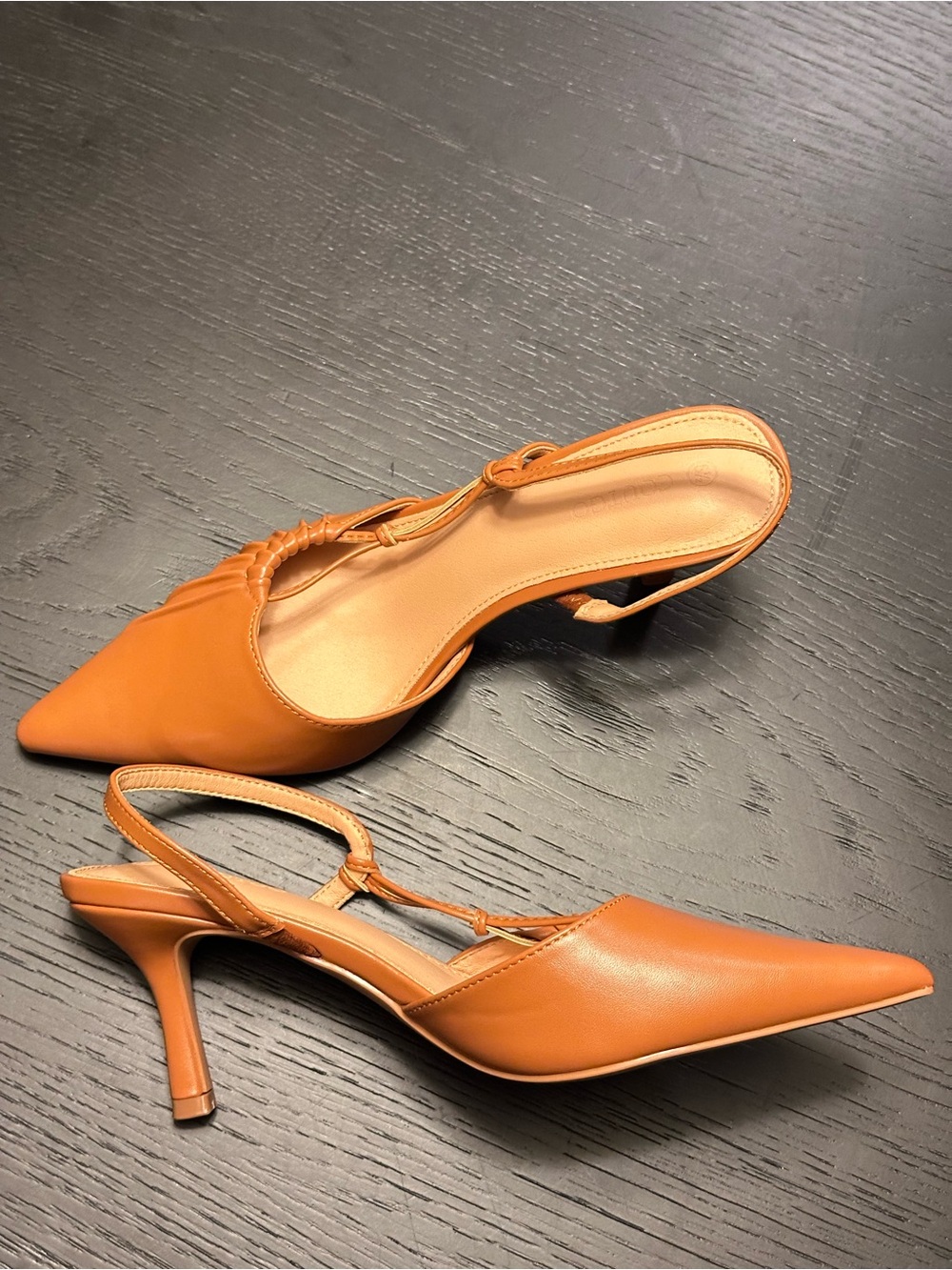 Tan Pointed-Toe Slingback Kitten Heels